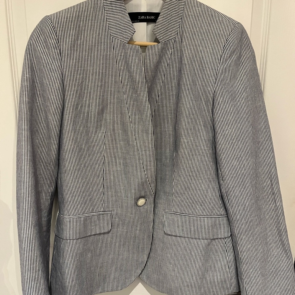 Zara Navy Linen blend Pinstripe Blazer